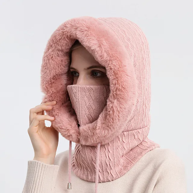Winter Thick Plush Hat With Scarf Windproof Warm Knit Hats Hooded For Women Pink - Shop at LoveMi