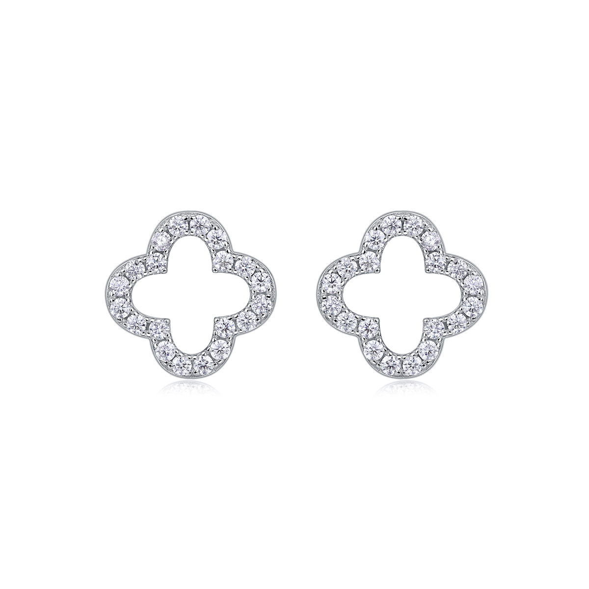 S925 Sterling Silver Open Clover Stud Earrings, D-VVS1 Moissanite Pave Outline, Platinum Plated 1.6g Women's Jewelry Gift Box