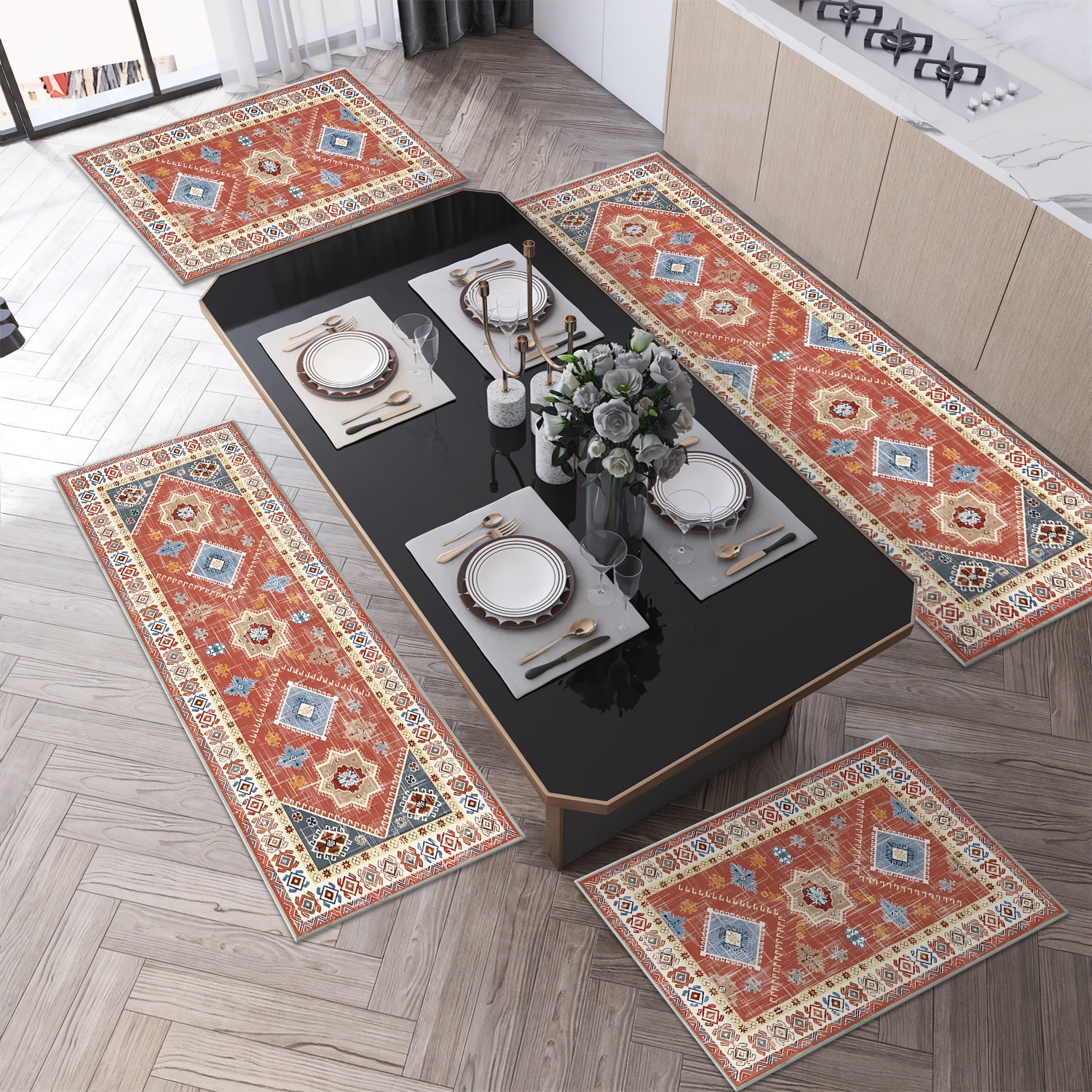 Boho Kitchen Rugs Sets 4 Piece With Runner Floral Kitchen Floor Mat Carpet Farmhouse Kitchen Rugs And Mats Non Skid Washable Runner Rug For Kitchen Floor Sink 4