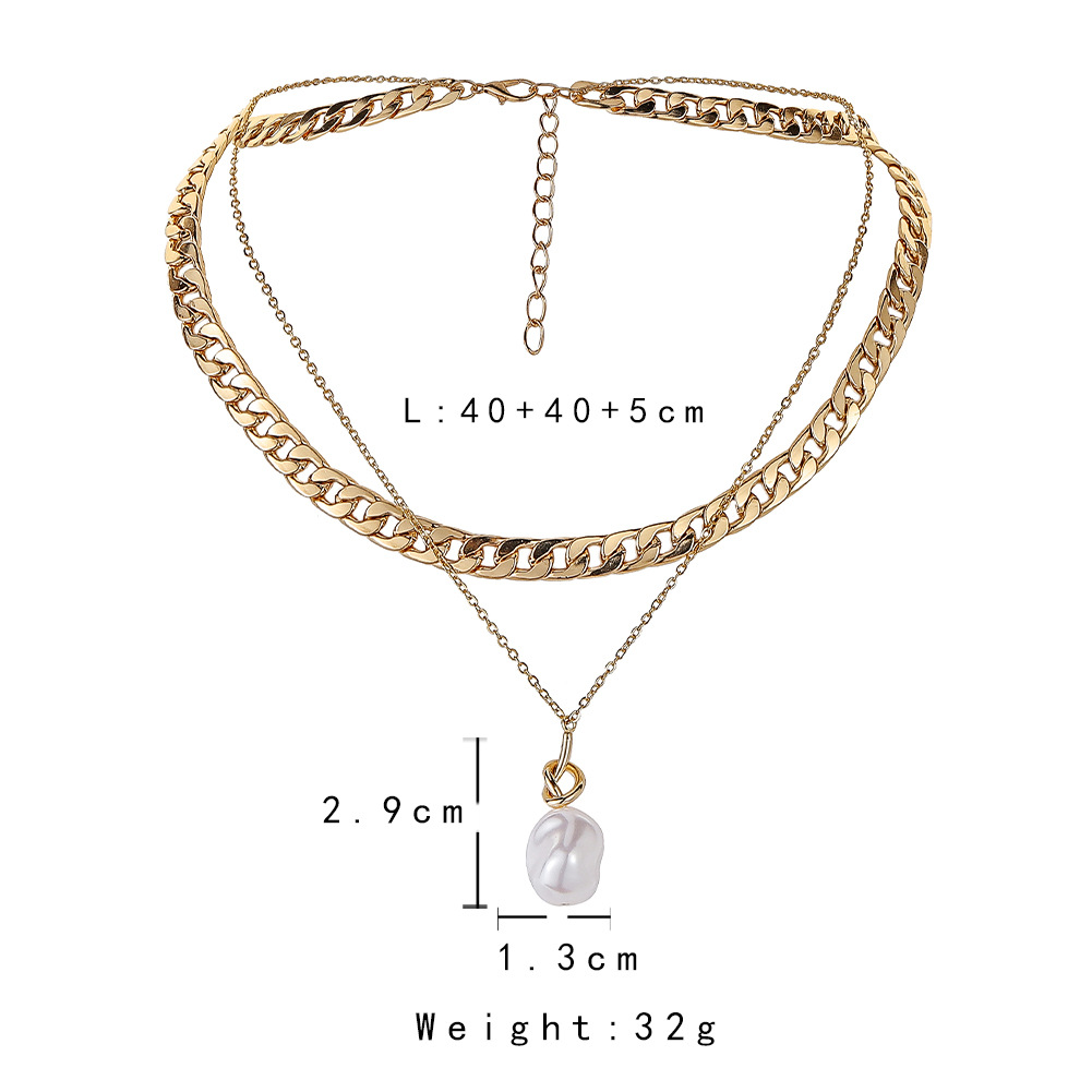 New Personality Necklace Double Metal Chain Baroque Shaped Pearl Pendant