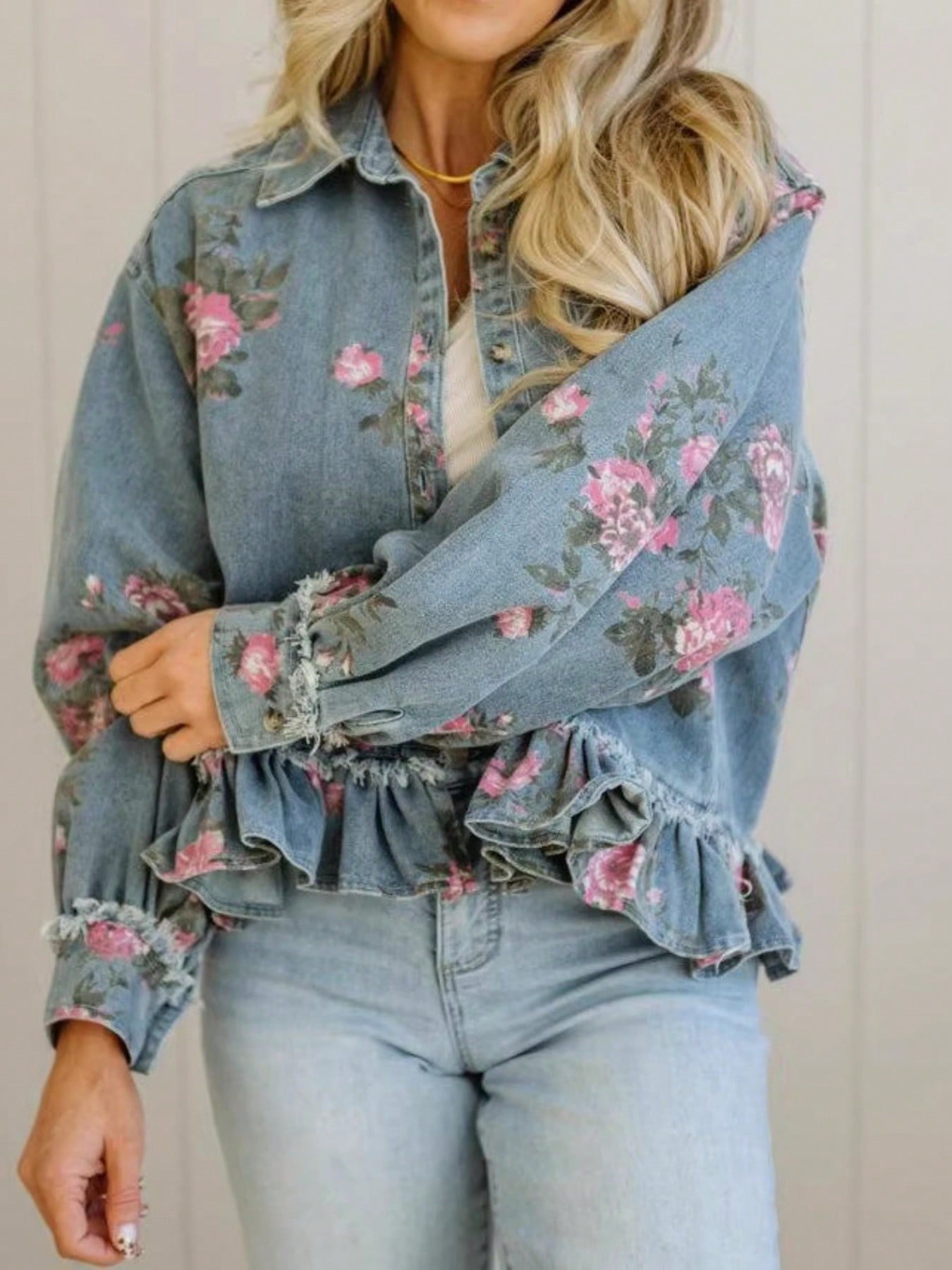 New Women's Retro Washed Floral Print Denim Jacket, Long-Sleeved, Collared, Ruffled Hem, Short Jacket, Summer Outfits For Womener.