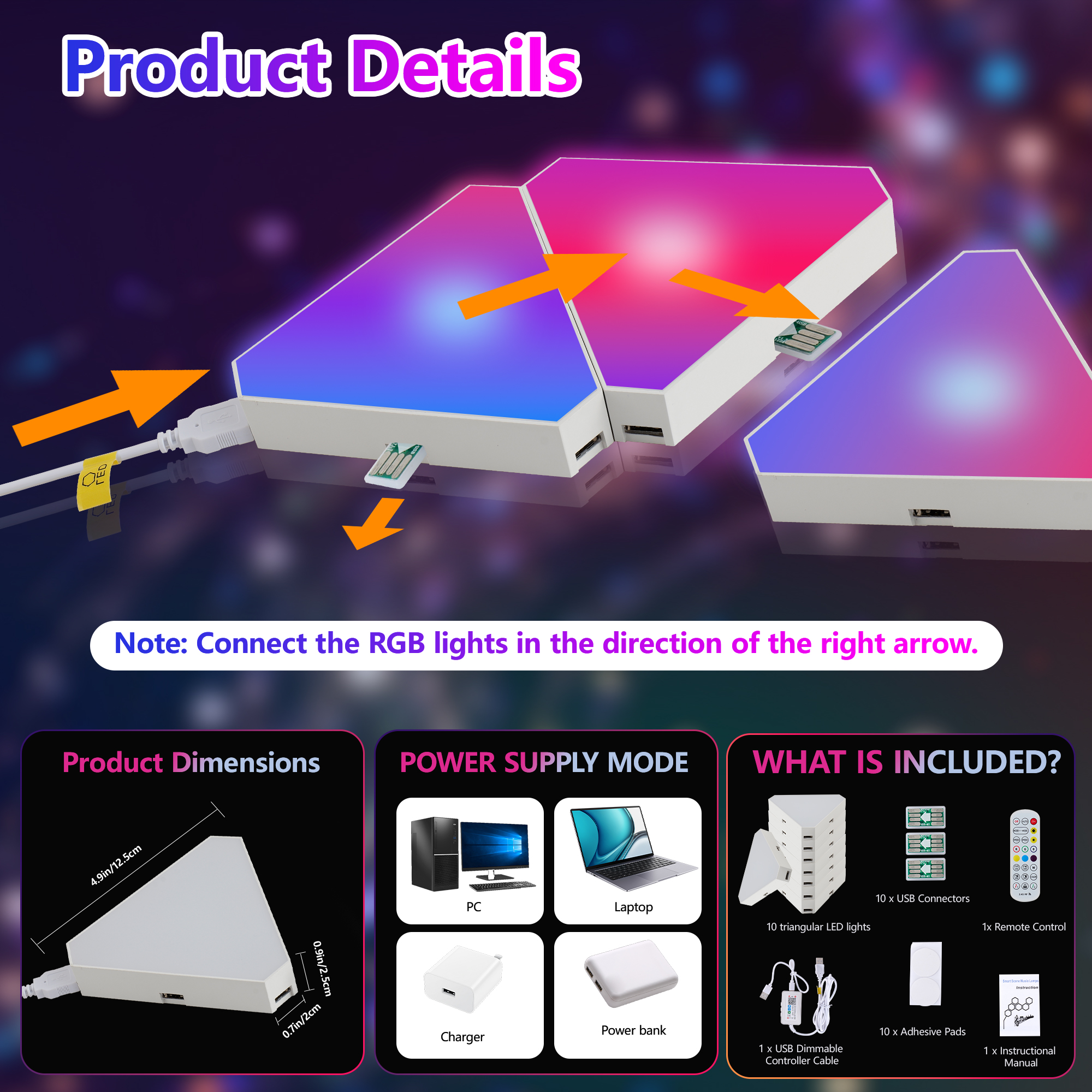 Triangular LED Lights, 10 RGB Wall Panels, Modular Intelligent Light Panel With... 10