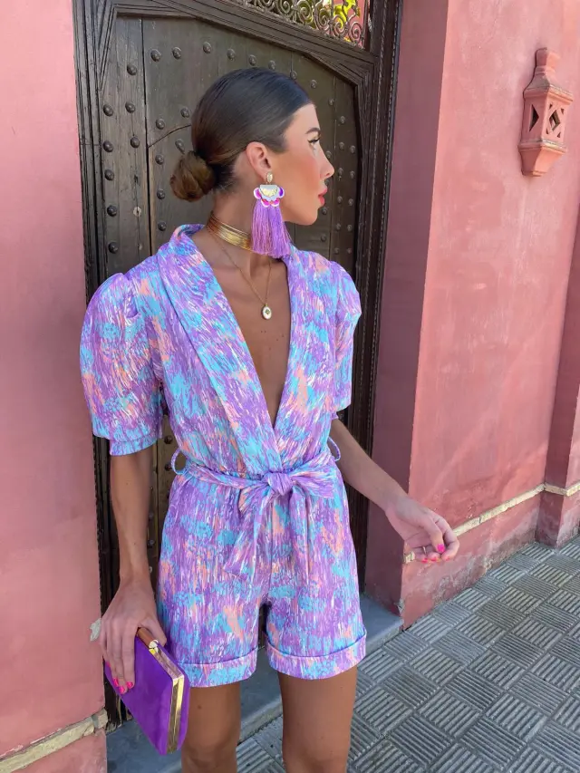 Bubble sleeved short sleeved printed waistband elastic jumpsuit Purple - Shop at LoveMi