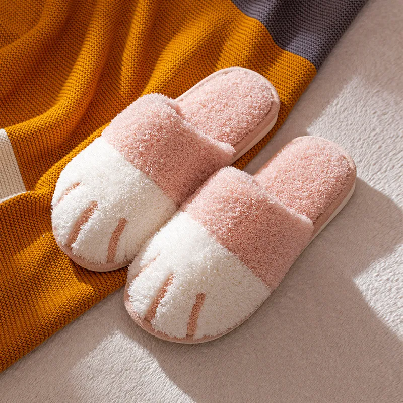 Paw Slippers Autumn Winter Home Shoes Women Kawaii Furry Slides Indoor Floor Bedroom Shoes Couple Slipper Warm Flats Footwear - Pink