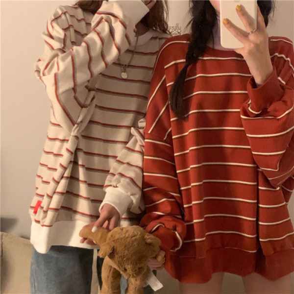 Sweatshirt Women Korean Style Loose Striped Wild All-match Lazy Wind