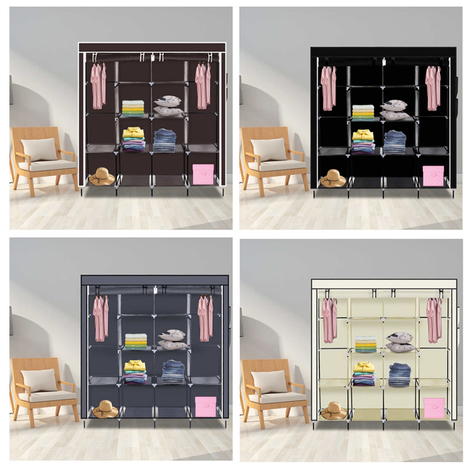 67 Inch Clothes Closet Portable Wardrobe Clothes Storage Rack 12 Shelves 4 Side Pockets Gray