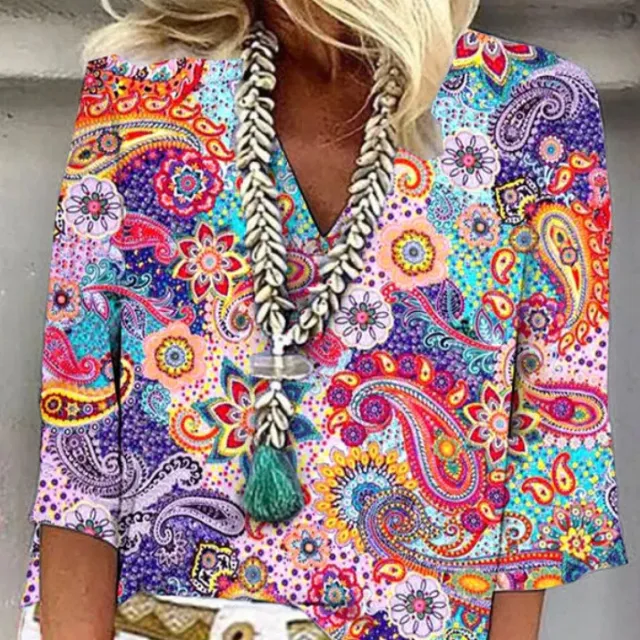 Ethnic Style V Neck Printed Women's Casual Shirt Red - Shop at LoveMi