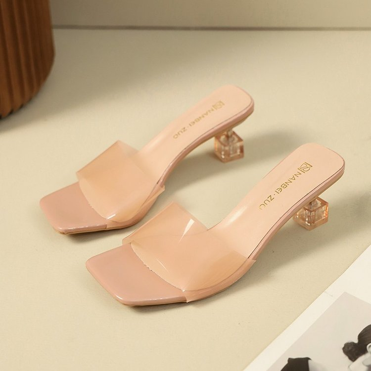 French Style Crystal Thin Heel Square Toe One-Strap Sandals For Women, New Transparent High Heel Slide Sandals Outdoor Wear