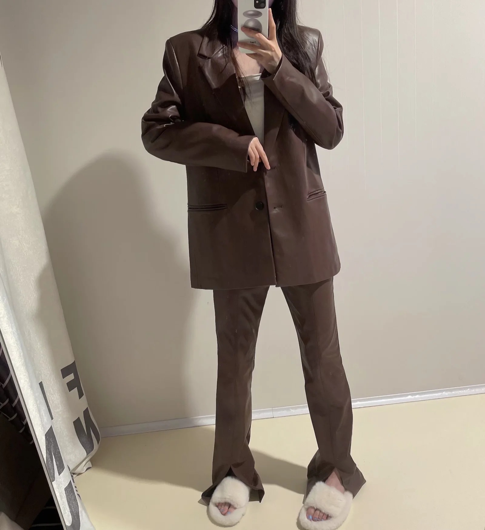 PU Leather Suit Jacket With Split Leg Leather Pants