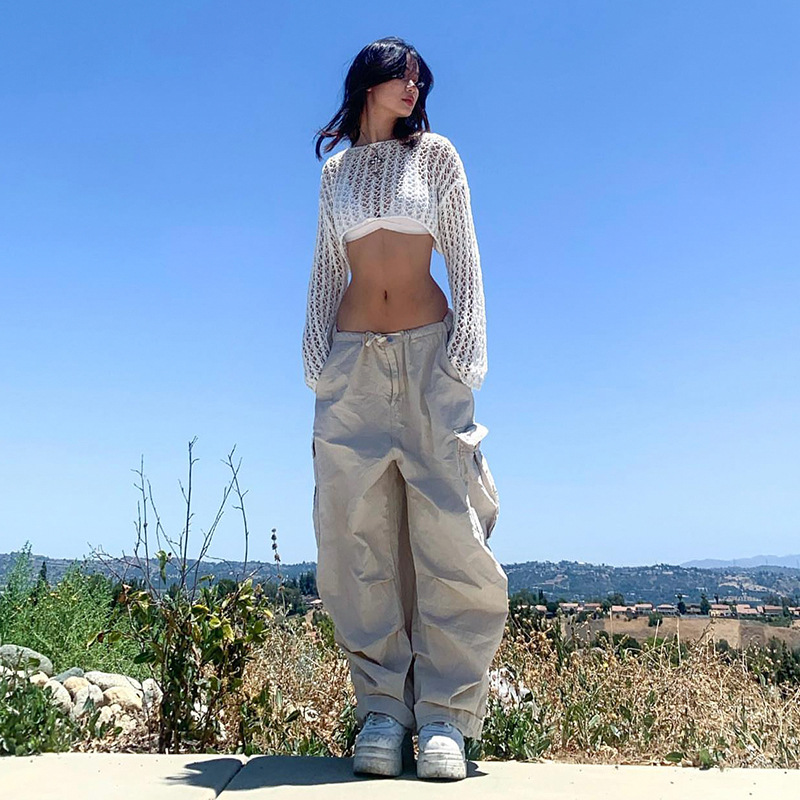 Lace-up Adjustable Waist Relaxed Fit Light Grey Trousers