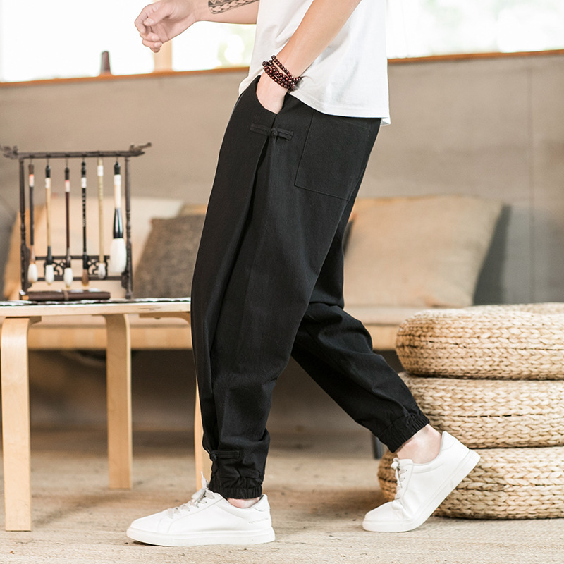 Casual Men's Cross-border New Breathable Cotton Linen Buckle Plus Size Harem Pants