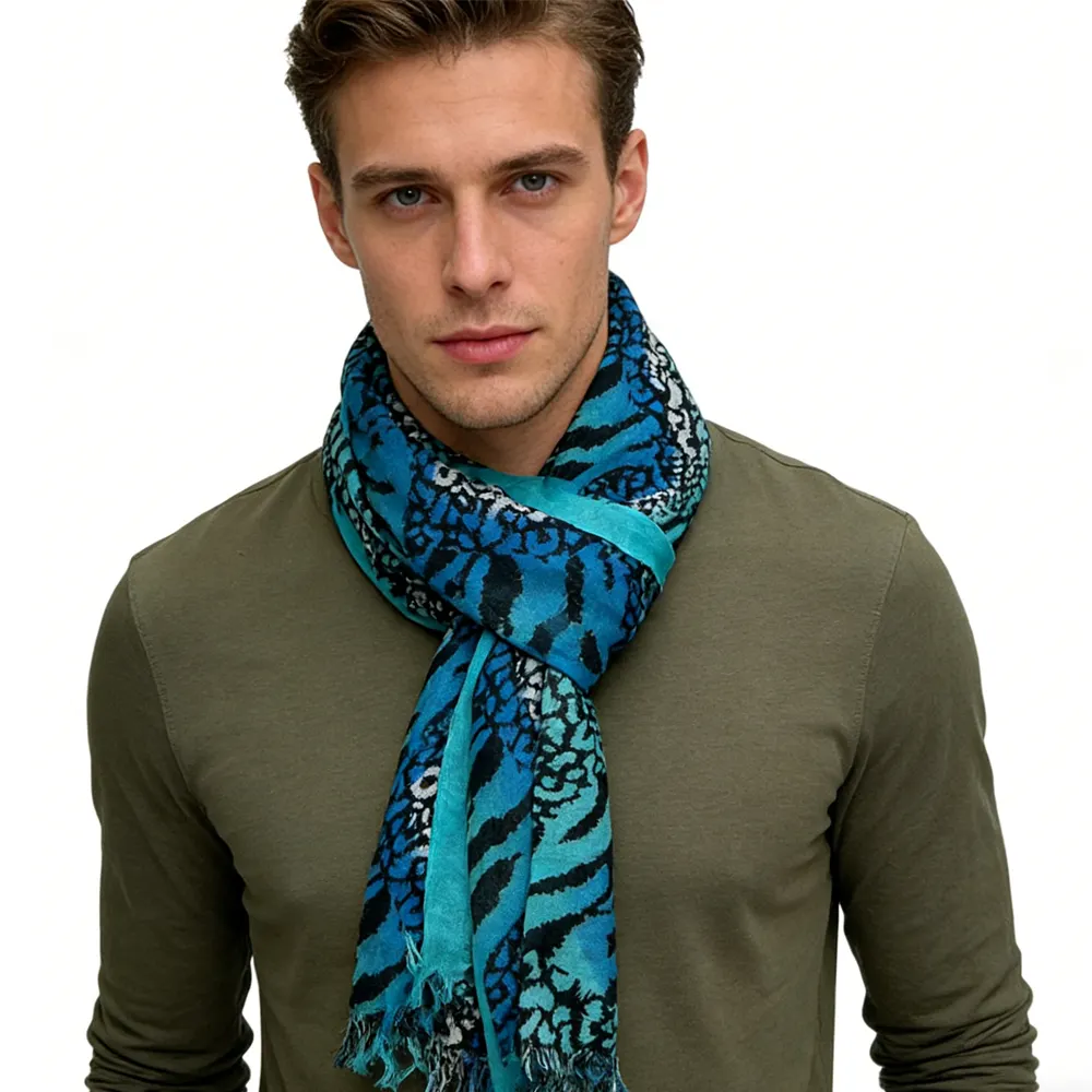 Aqua Blue Geometric Long Boho Scarf, Turquoise