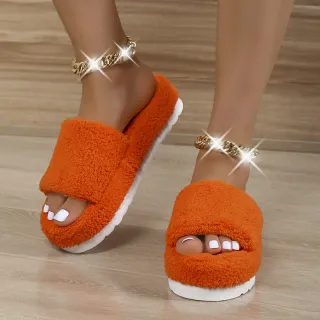 Fuzzy Slippers Women Winter House Shoes - Orange