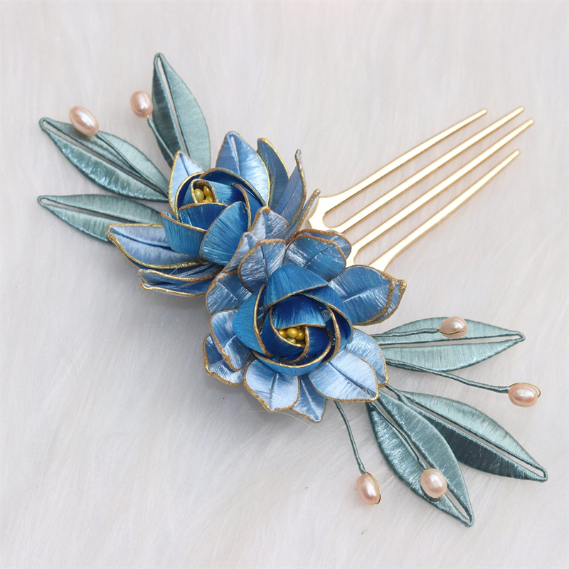 Headdress Antique Gold Gardenia Retro Pearl Hair Hairpin Blue - Shop at LoveMi