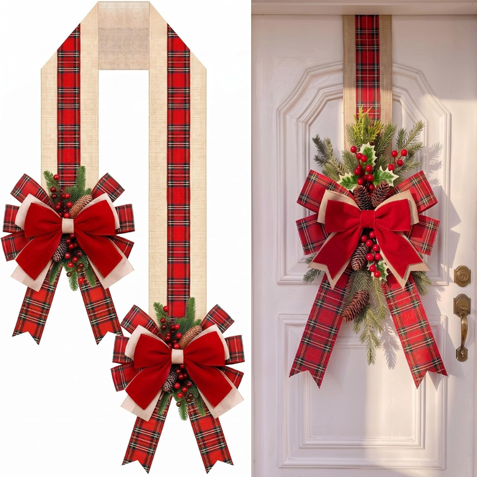 Christmas Door Bow, Vintage Plaid Burlap Double Bow Decor