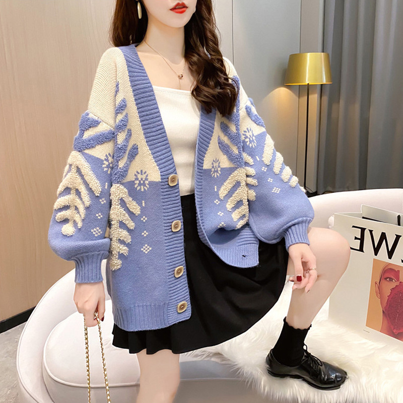 Knitted V-neck Cardigan Women Lazy Christmas Snowflake Loose Korean