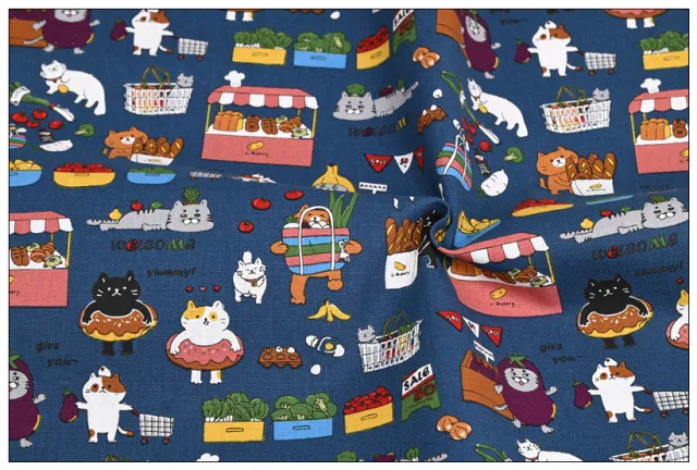 Thick Cotton Cute Cat Print Fabric Handmade DIY Mouth Gold Bag Tablecloth Cloth Cotton Pure Cotton Blue - Shop at LoveMi