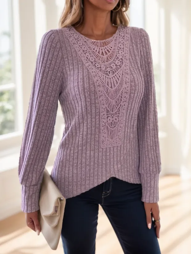 Lace Splicing Crew Neck T shirt Pink - Shop at LoveMi