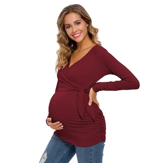 Long Sleeve V Neck Maternity Blouses And Tops For Pregnan - Wine Red