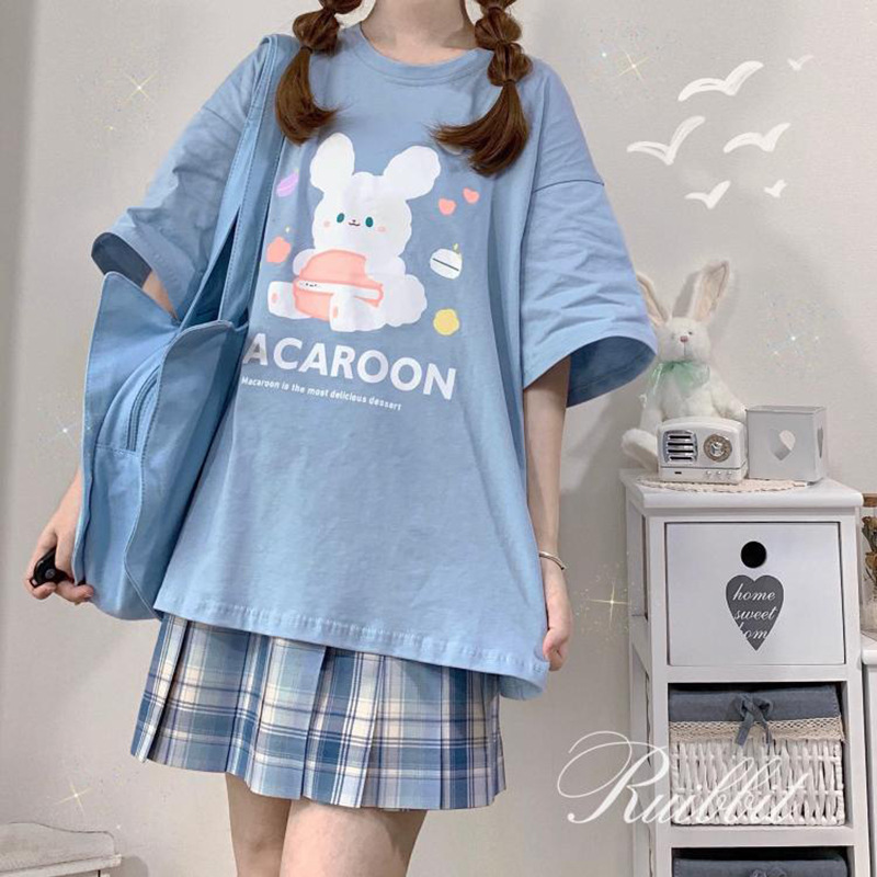 Printed Macaron Rabbit Baby T-shirt Women Pure Cotton Short-sleeved Bottoming Shirt Top