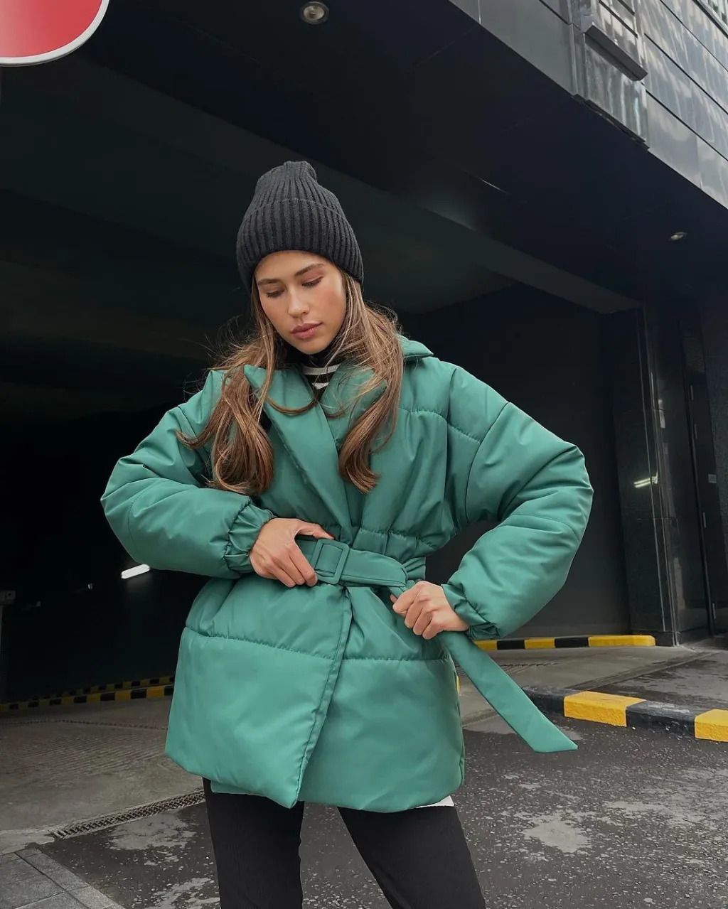 Winter Lapel Waisted Cotton Coat Fashion Solid Color Slim Overcoat Womens Clothing - Green
