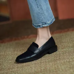 Stitching Loafers Women's Soft Leather Retro Small Leather Shoes - Black - View 1