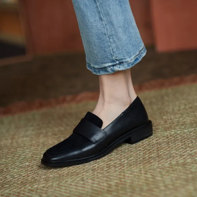 Stitching Loafers Women's Soft Leather Retro Small Leather Shoes Black - Shop at LoveMi