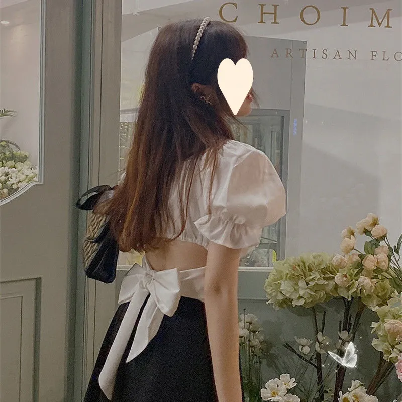 Puff Sleeve Bow Tie French Short Top Women - White