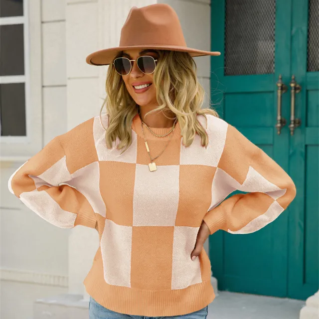 Women's Temperament Crew Neck Knitted Pullover Stripe Sweater Camel - Shop at LoveMi