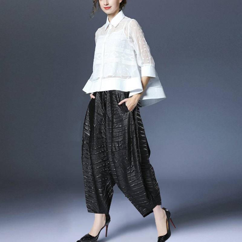 Embroidered Jacquard Short-sleeved Shirt, Breathable Top, Elastic Waist Wide-leg Pants