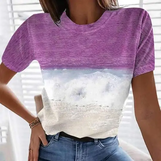 Women's New Marine Landscape Print Crew Neck T Shirt Purple - Shop at LoveMi