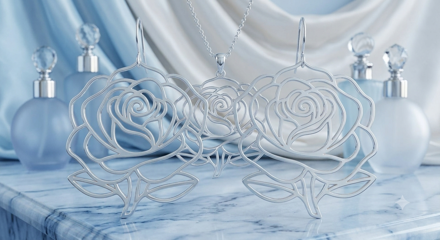Custom Rose Earrings 24K Gold Plated Silver Floral Dangle Jewelry — view 3