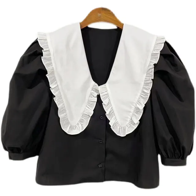 High Collar Temperament Commuter Cotton Pullover Solid Color Short Sleeve Top Black - Shop at LoveMi
