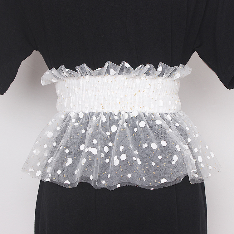 Glitter Polka Dot Mesh Pleated Elastic Waist Metal Double Buckle Wide Belt Girdle