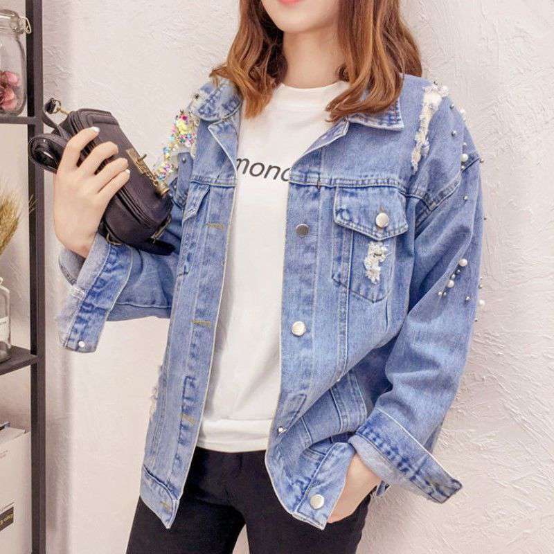 Loose Slimming Plus Size Beaded Hole Denim Jacket