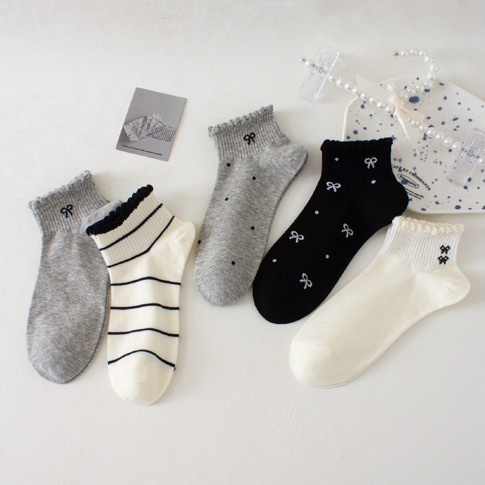 Coquette Bow & Polka Dot Print Ruffle Cuff Ankle Socks, Cute Ribbed Knit Short Socks, Women's Sweet Casual Socks For Daily Wear & Preppy Style