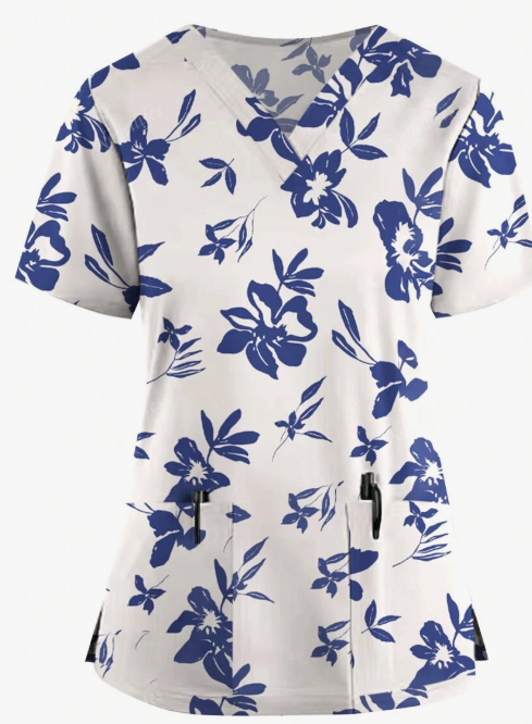 Plus Size Women's Vibrant Print Scrub Top Casual V-Neck Short Sleeve
