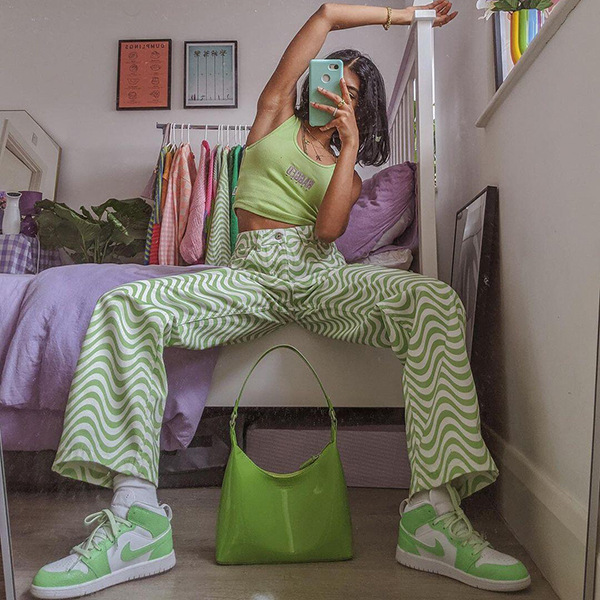 Women's New Fashion Wave Print High Waist Slim Straight Trousers