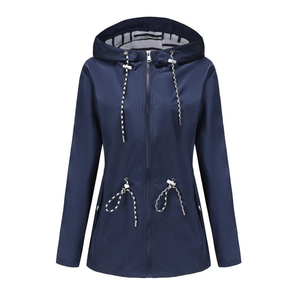 Long Sleeved Splashproof Mid Length Windbreaker For Women's Hooded Raincoat - Dark Blue