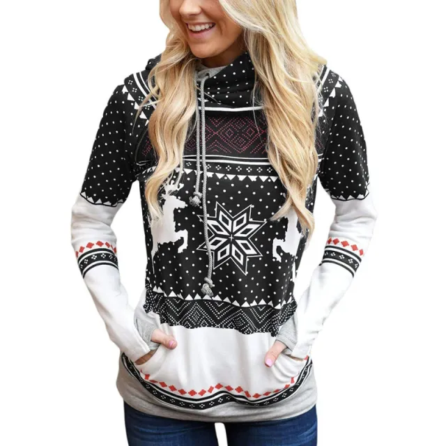 Long Sleeve Hooded Casual Sweater Women With Printed Pockets Black - Shop at LoveMi