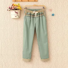 Japanese Embroidered Cotton And Linen Pants For Women - Green - View 1