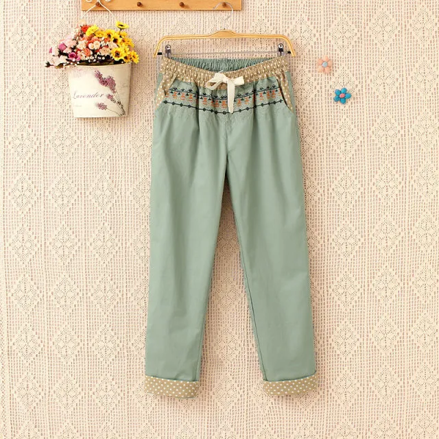 Japanese Embroidered Cotton And Linen Pants For Women Green - Shop at LoveMi