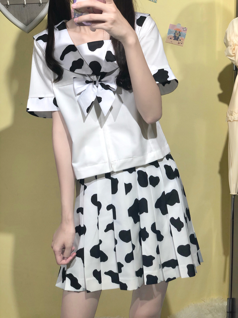 Genuine Cow Pattern Solid Color Sailor Dress Skirt Suit