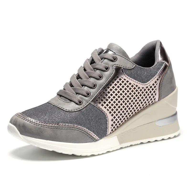 Women Lace-up Sneakers Height Increasing 6.5cm Flats Walking Shoes - Grey