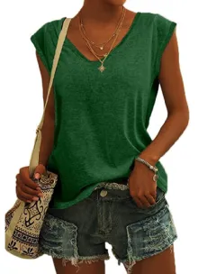 European And American Women's Simple V-neck Loose T-shirt - Green - View 1