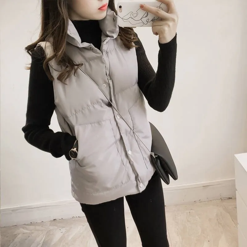 Women's Loose Short Down Cotton Vest Jacket - Grey Highquality Cotton
