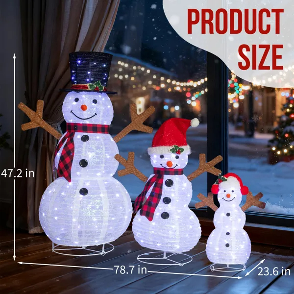Set Of 3 Lighted Snowman Family Christmas Yard Decorations, 4FT 3FT 2FT Pre-lit Pull Up Snowman With 270 White LEDs, For Xmas Outdoor Holiday Indoor Decor Lighted Holiday Displays image 6