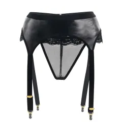 European And American Leather Lace Buttoned Panties - Black - View 1