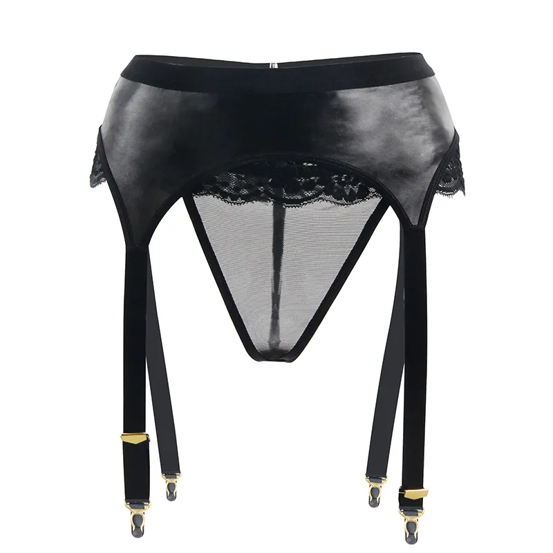European And American Leather Lace Buttoned Panties - Black