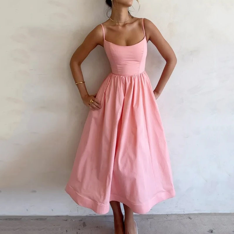New Summer Women  Fashion Cross-Border European And American Dress Sexy Waist-Tied Pleated Solid Color Flared Spaghetti Strap Dress — photo 1
